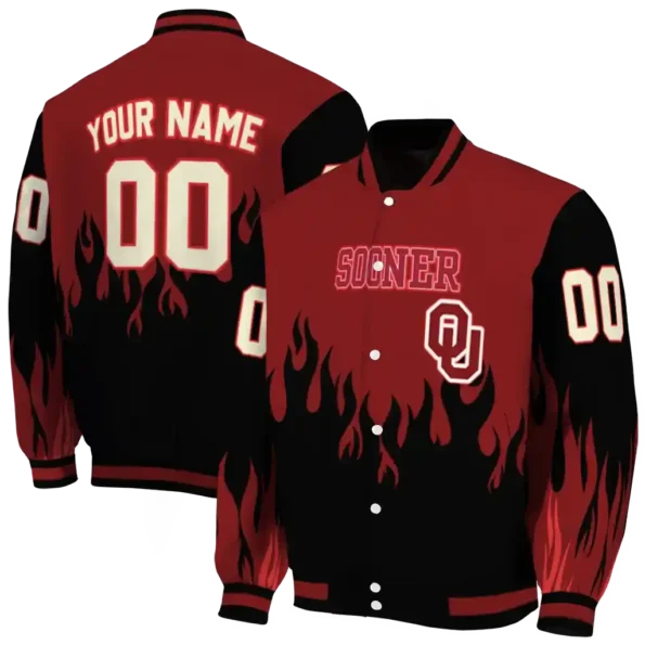 customized oklahoma sooners flame border crimson black varsity jacket fashion forward.webp