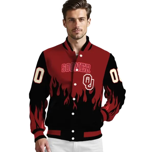 customized oklahoma sooners flame border crimson black varsity jacket high quality.webp