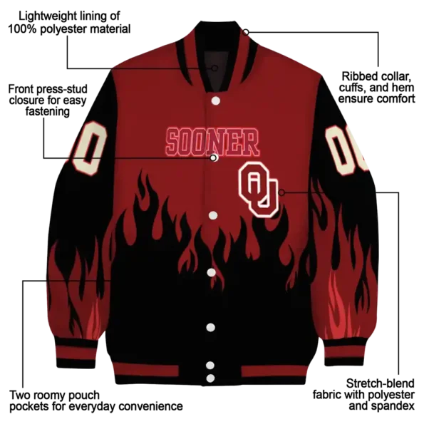 customized oklahoma sooners flame border crimson black varsity jacket new arrival.webp