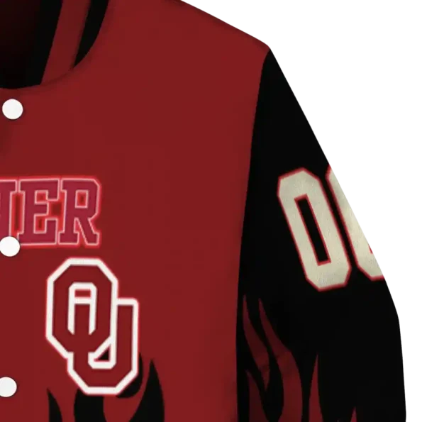 customized oklahoma sooners flame border crimson black varsity jacket premium grade.webp