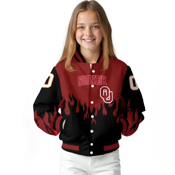 customized oklahoma sooners flame border crimson black varsity jacket top rated.webp