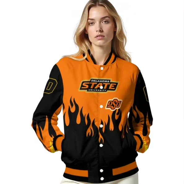 customized oklahoma state cowboys flame border orange black varsity jacket latest model.webp