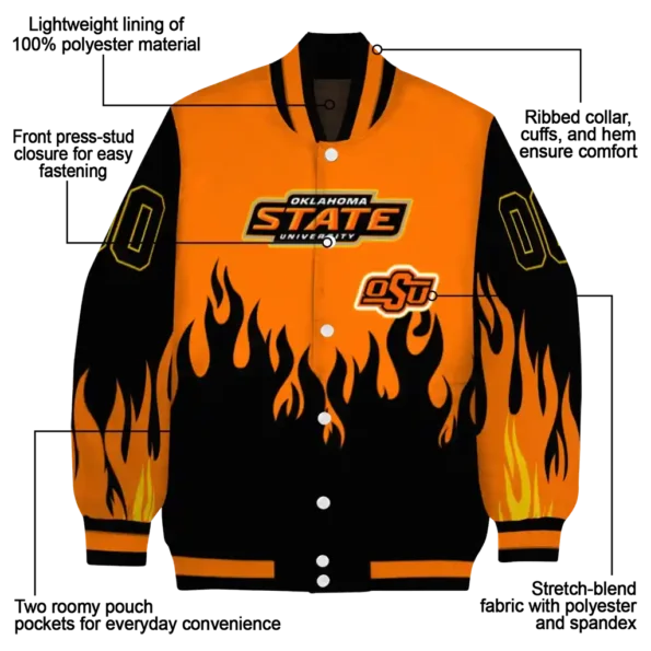customized oklahoma state cowboys flame border orange black varsity jacket new arrival.webp