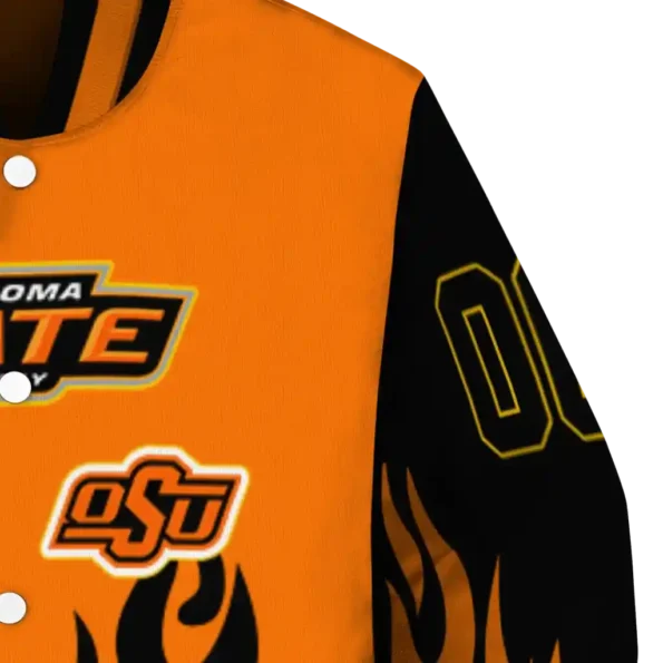 customized oklahoma state cowboys flame border orange black varsity jacket premium grade.webp