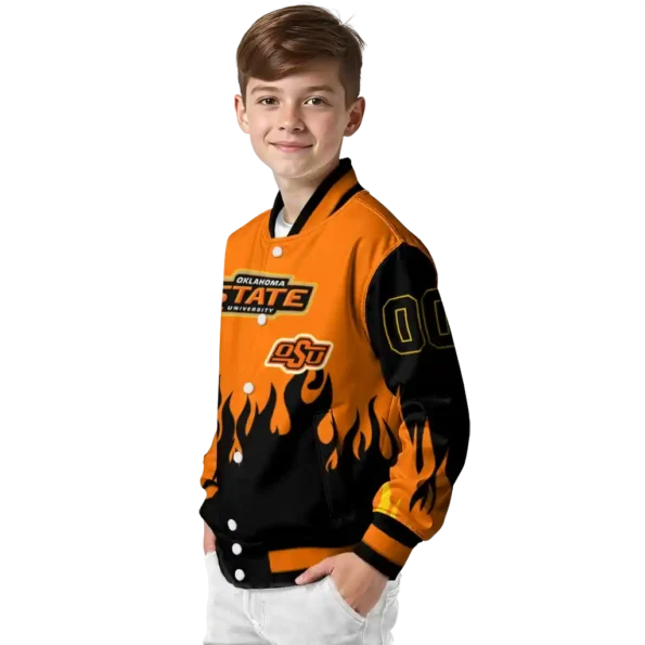 customized oklahoma state cowboys flame border orange black varsity jacket trendy.webp