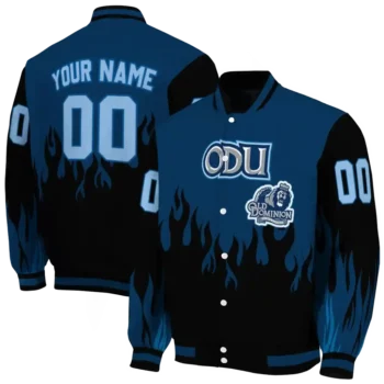 customized old dominion monarchs flame border blue black varsity jacket fashion forward.webp