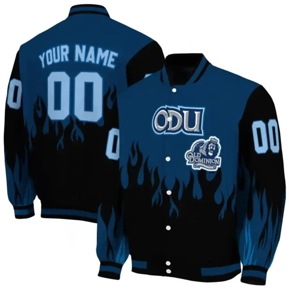 customized old dominion monarchs flame border blue black varsity jacket fashion forward.webp