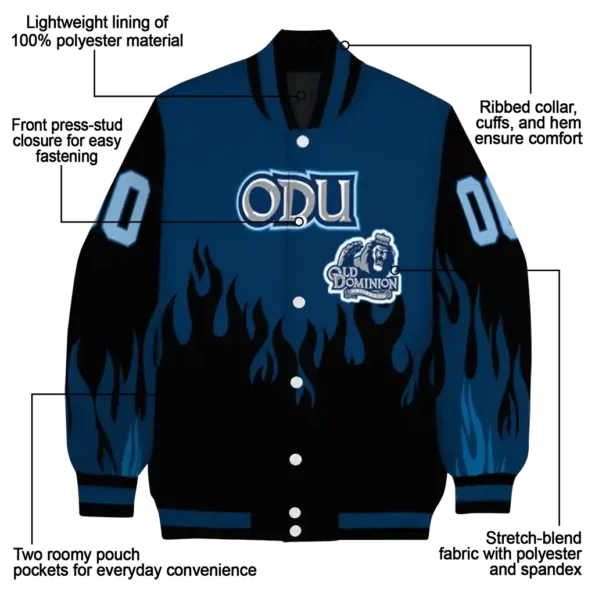 customized old dominion monarchs flame border blue black varsity jacket new arrival.webp