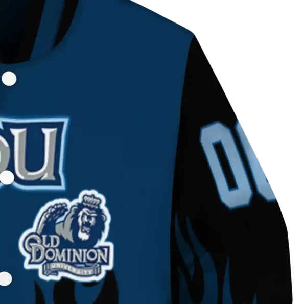 customized old dominion monarchs flame border blue black varsity jacket premium grade.webp