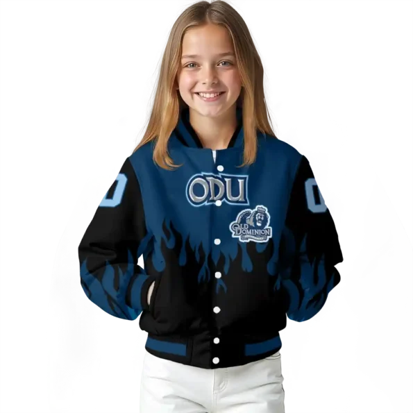 customized old dominion monarchs flame border blue black varsity jacket top rated.webp