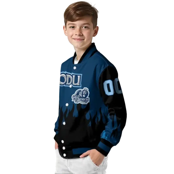 customized old dominion monarchs flame border blue black varsity jacket trendy.webp