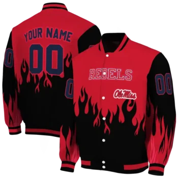 customized ole miss rebels flame border red black varsity jacket fashion forward.webp