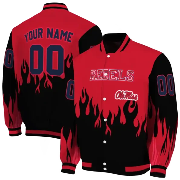 customized ole miss rebels flame border red black varsity jacket fashion forward.webp