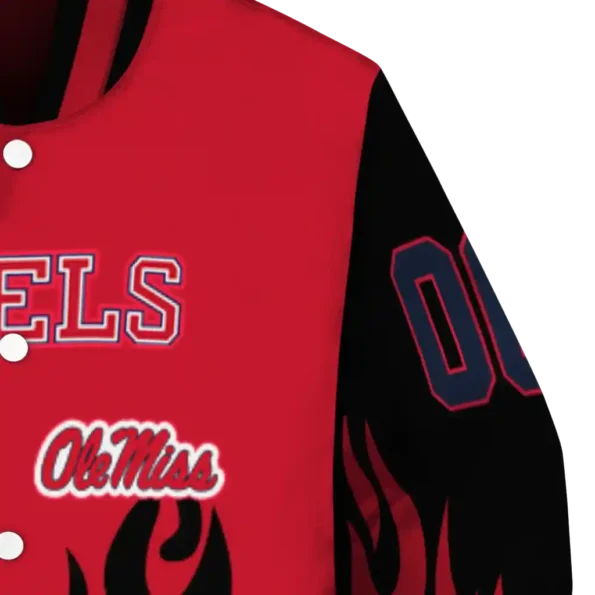 customized ole miss rebels flame border red black varsity jacket premium grade.webp