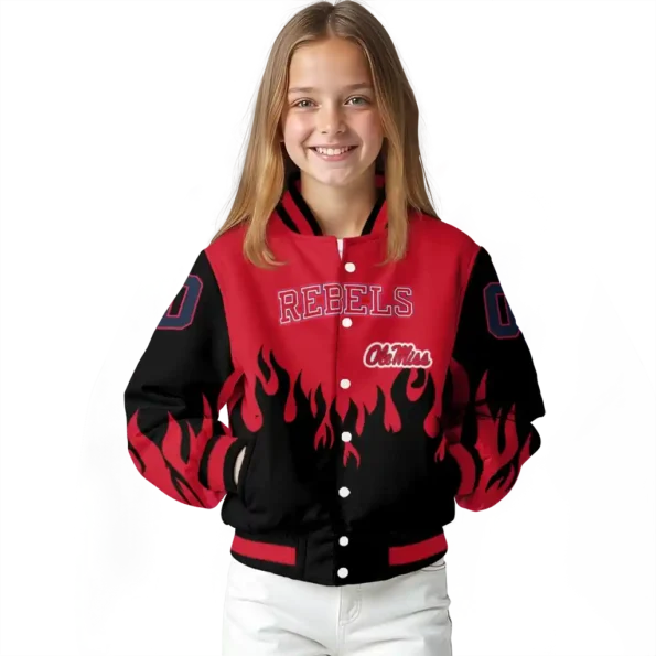 customized ole miss rebels flame border red black varsity jacket top rated.webp