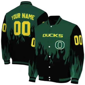 customized oregon ducks flame border green black varsity jacket fashion forward.webp
