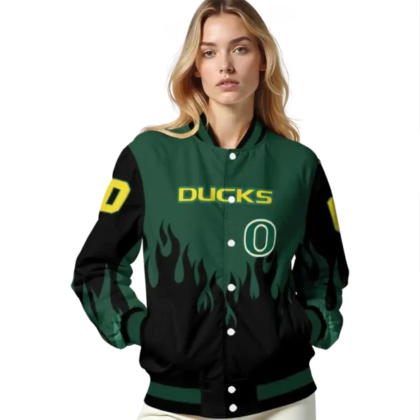 customized oregon ducks flame border green black varsity jacket latest model.webp