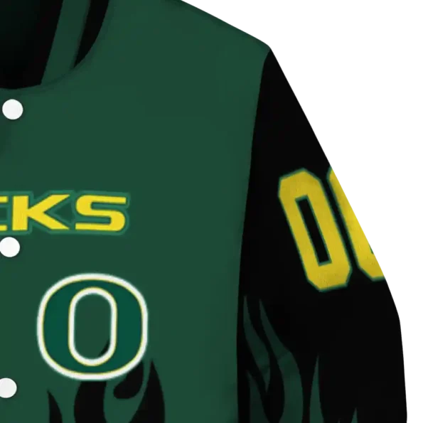 customized oregon ducks flame border green black varsity jacket premium grade.webp