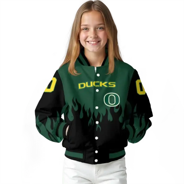 customized oregon ducks flame border green black varsity jacket top rated.webp