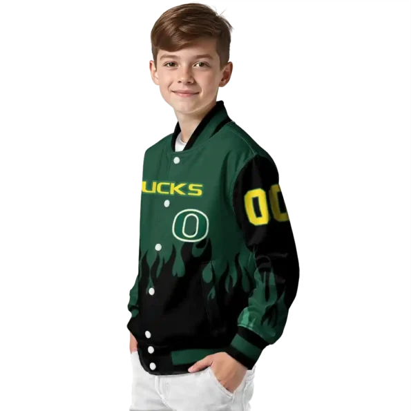 customized oregon ducks flame border green black varsity jacket trendy.webp