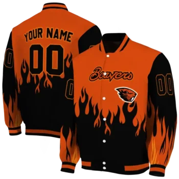 customized oregon state beavers flame border orange black varsity jacket fashion forward.webp