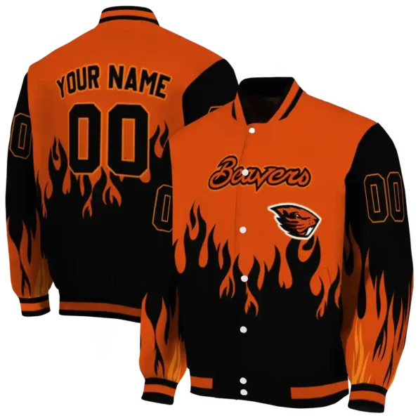 customized oregon state beavers flame border orange black varsity jacket fashion forward.webp