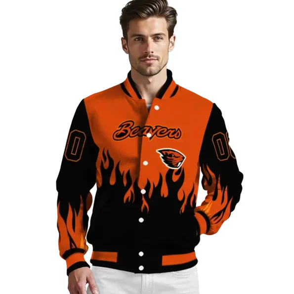 customized oregon state beavers flame border orange black varsity jacket high quality.webp