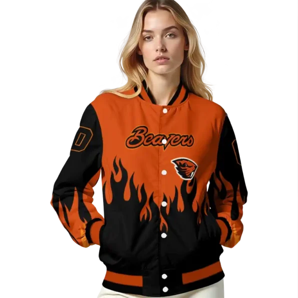 customized oregon state beavers flame border orange black varsity jacket latest model.webp