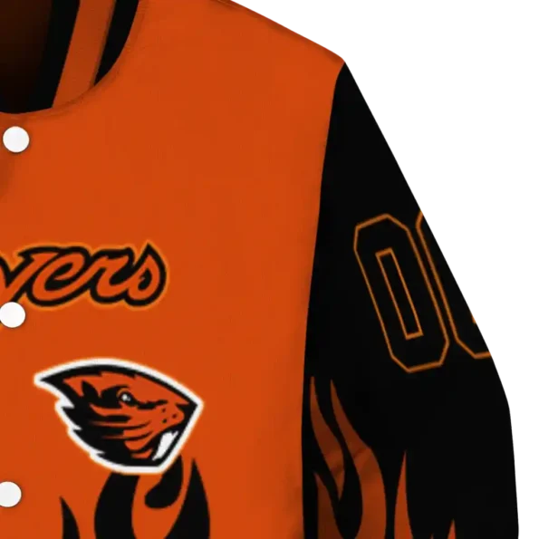 customized oregon state beavers flame border orange black varsity jacket premium grade.webp