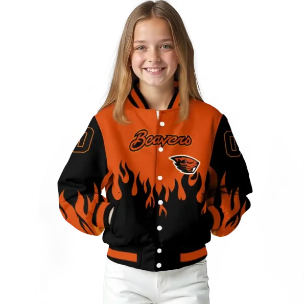 customized oregon state beavers flame border orange black varsity jacket top rated.webp