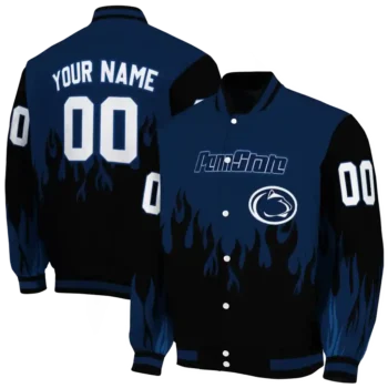 customized penn state nittany lions flame border blue black varsity jacket fashion forward.webp