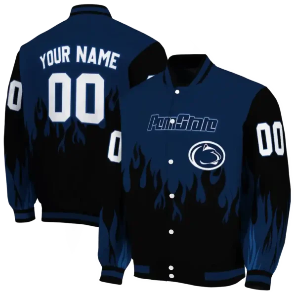 customized penn state nittany lions flame border blue black varsity jacket fashion forward.webp