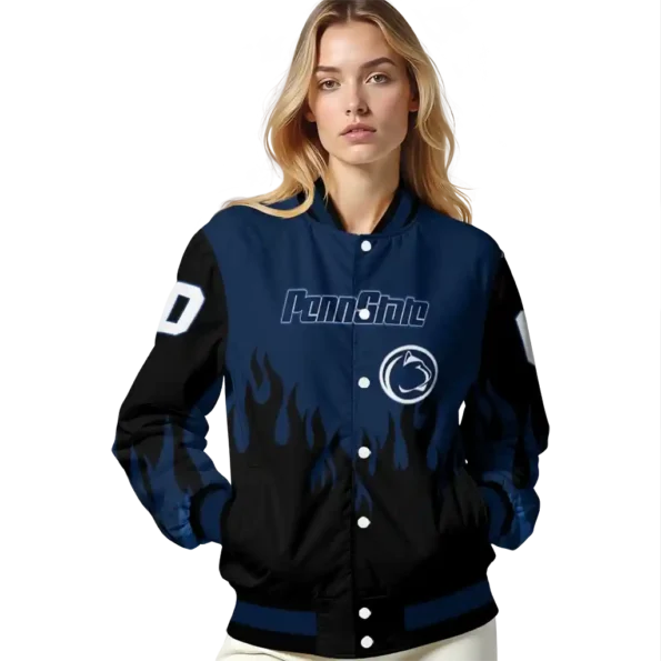 customized penn state nittany lions flame border blue black varsity jacket latest model.webp