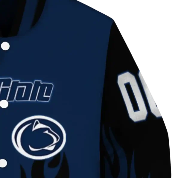 customized penn state nittany lions flame border blue black varsity jacket premium grade.webp