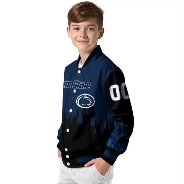 customized penn state nittany lions flame border blue black varsity jacket trendy.webp