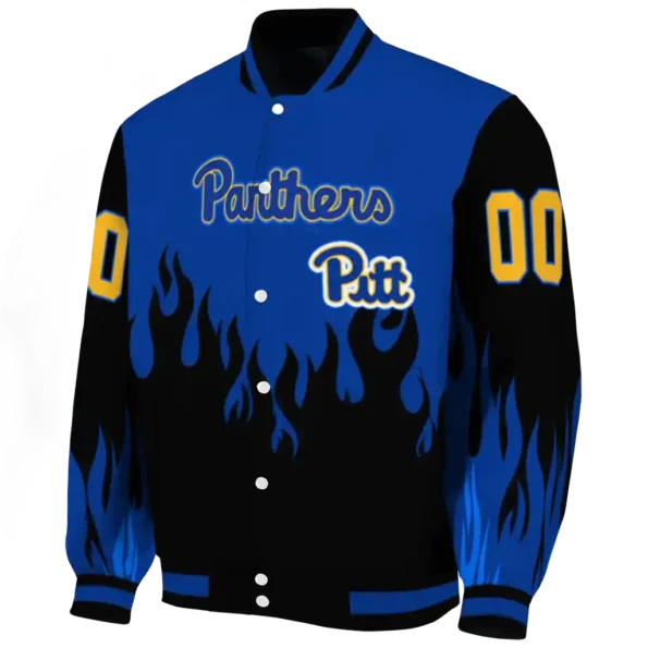 customized pittsburgh panthers flame border royal blue black varsity jacket best selling.webp