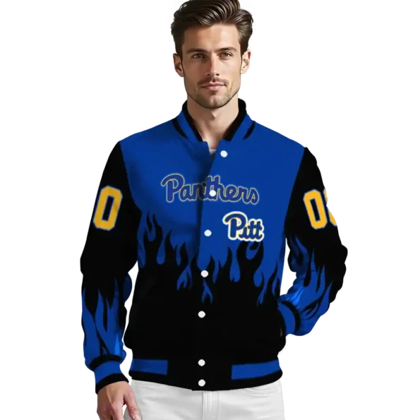 customized pittsburgh panthers flame border royal blue black varsity jacket high quality.webp