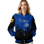 customized pittsburgh panthers flame border royal blue black varsity jacket best selling.webp