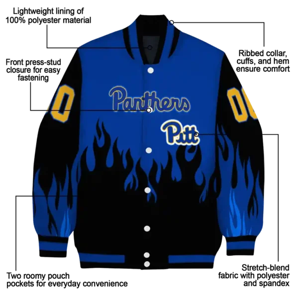 customized pittsburgh panthers flame border royal blue black varsity jacket new arrival.webp