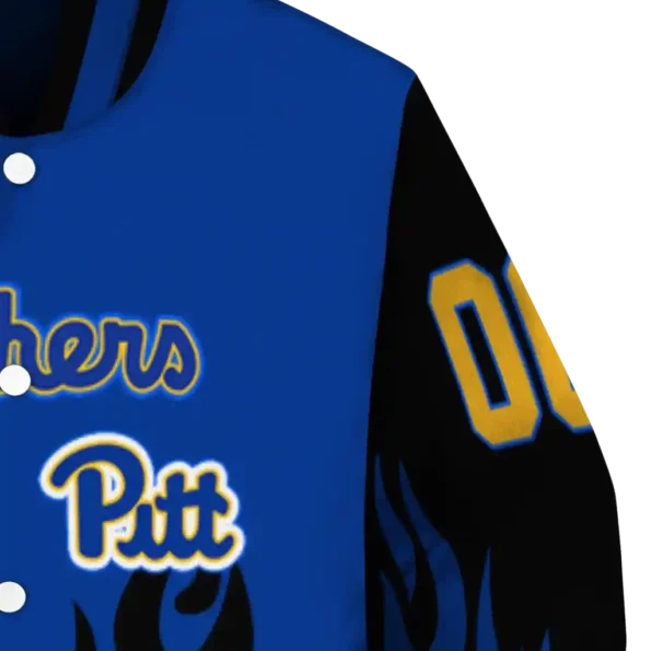 customized pittsburgh panthers flame border royal blue black varsity jacket premium grade.webp