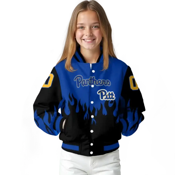 customized pittsburgh panthers flame border royal blue black varsity jacket top rated.webp