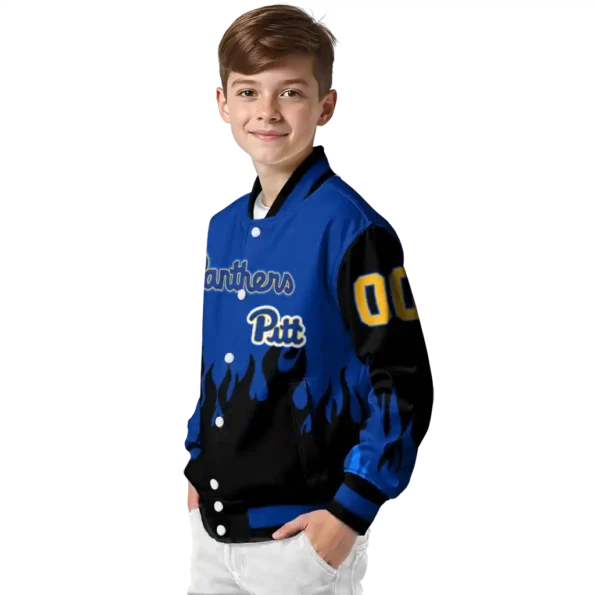 customized pittsburgh panthers flame border royal blue black varsity jacket trendy.webp