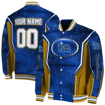 customized pittsburgh panthers power plate royal blue varsity jacket fashion forward.webp