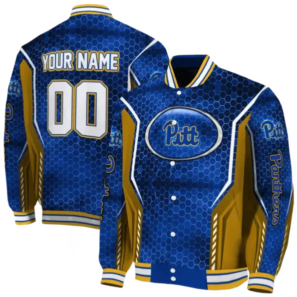 customized pittsburgh panthers power plate royal blue varsity jacket fashion forward.webp