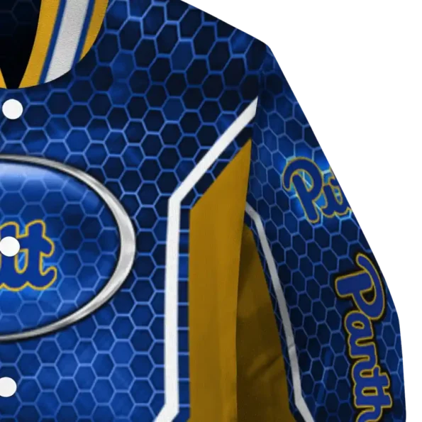 customized pittsburgh panthers power plate royal blue varsity jacket premium grade.webp