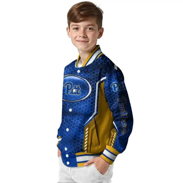 customized pittsburgh panthers power plate royal blue varsity jacket trendy.webp