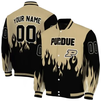 customized purdue boilermakers flame border gold black varsity jacket fashion forward.webp