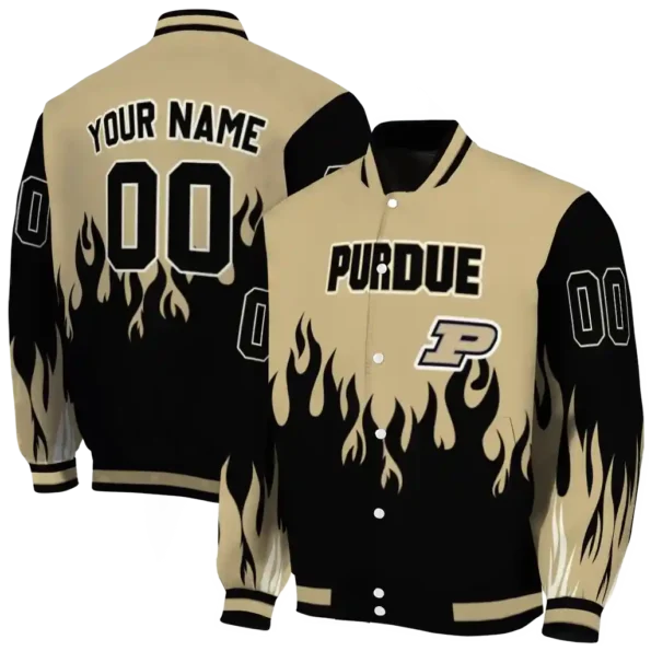 customized purdue boilermakers flame border gold black varsity jacket fashion forward.webp