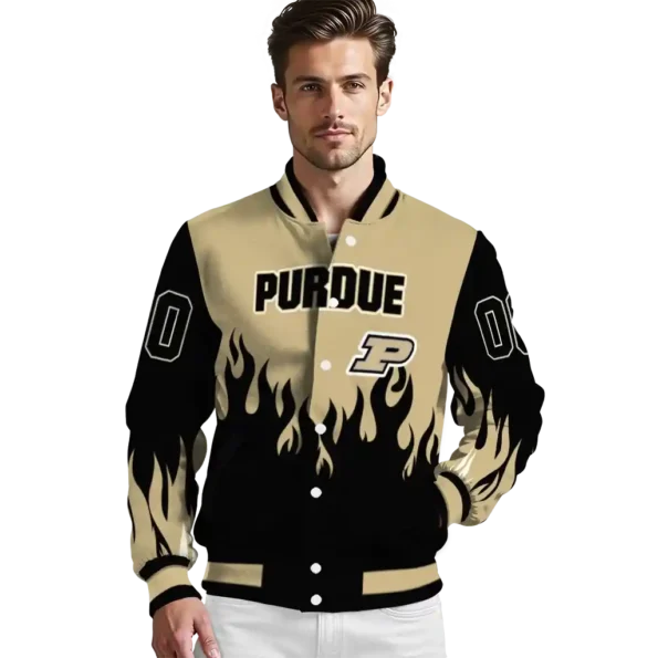 customized purdue boilermakers flame border gold black varsity jacket high quality.webp