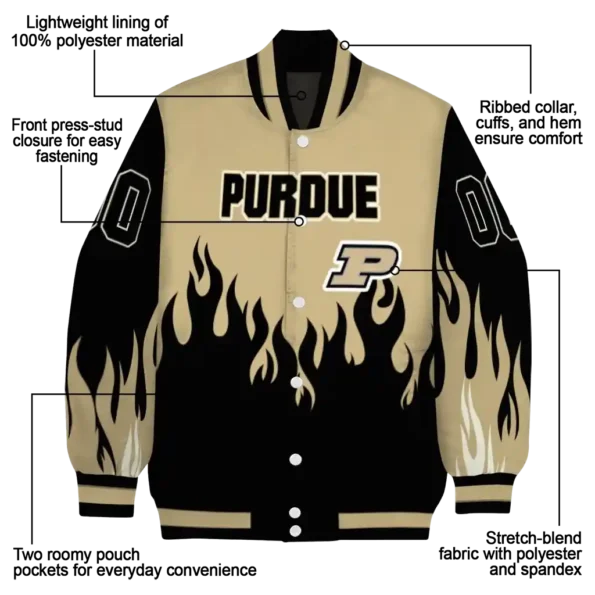 customized purdue boilermakers flame border gold black varsity jacket new arrival.webp